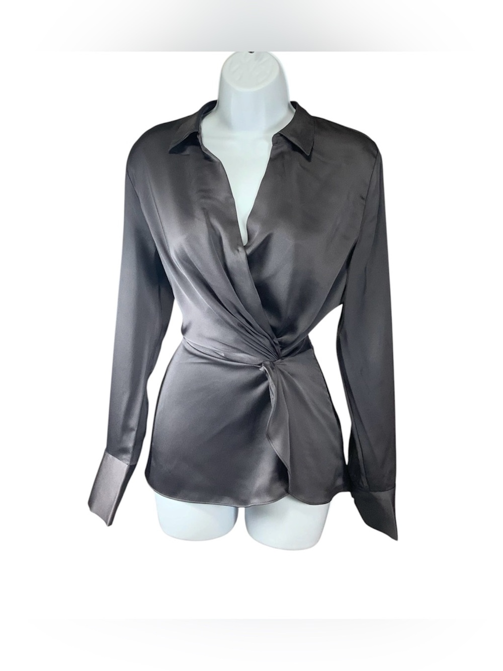 Catherine Malandrino Charcoal Gray Satin Wrapped Blouse